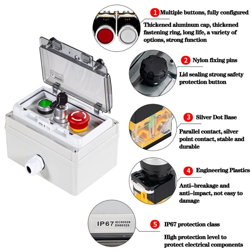 QL-LINRUN Push Button Box Ip67 with Green Momentary Lock Push Button Key Switch Emergency Stop Button with Protective Cover Anti-Misoperation Switch - Image 4